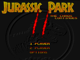 Jurassic Park Part 2: The Chaos Continues title screen for Super Nintendo